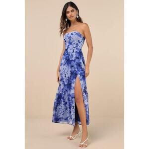 Lulus Bright Perspective Blue And Lavender Floral Strapless Midi Dress - Size S